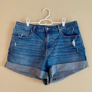 High-Rise Rolled Hem Denim Shorts - Blue